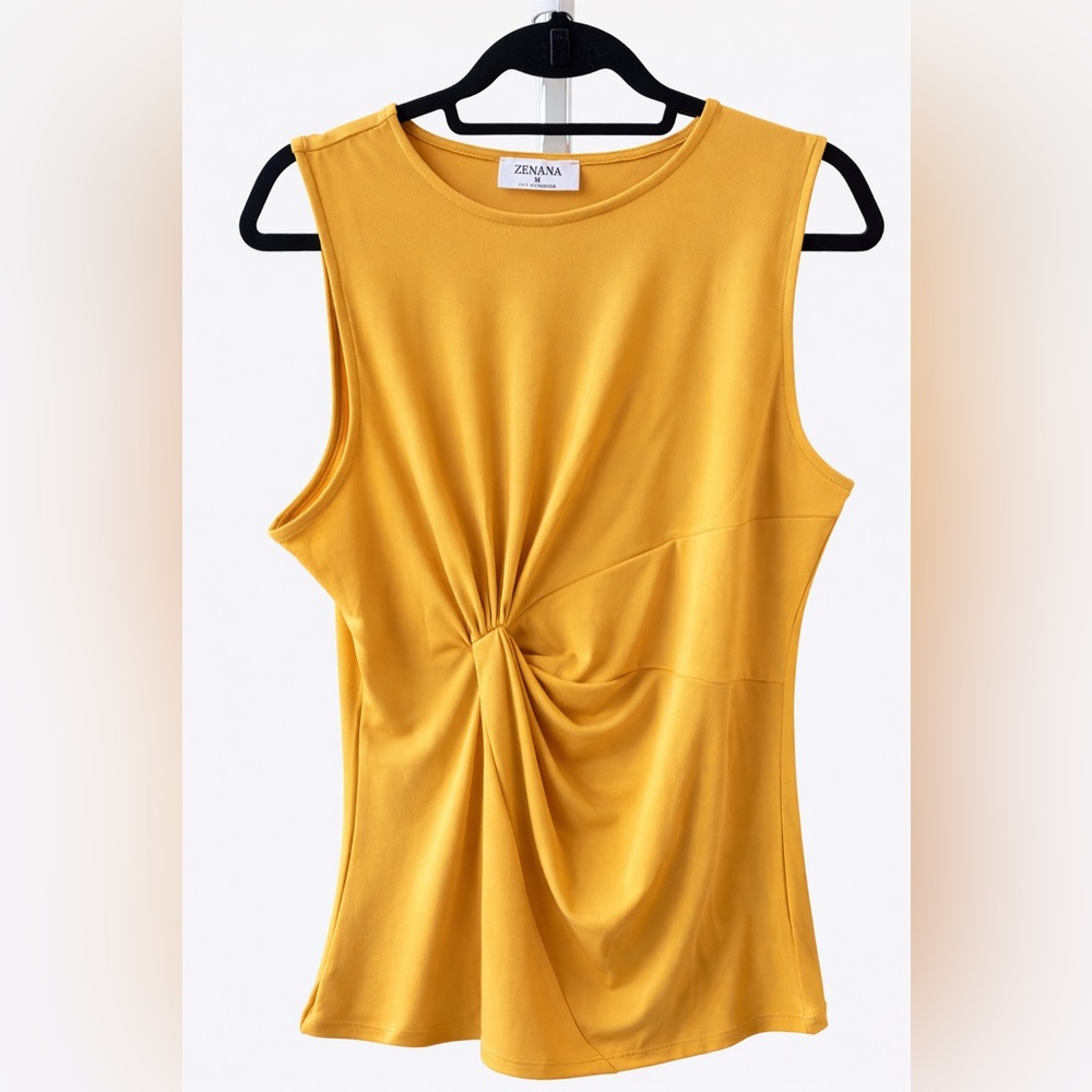 Zenana Mustard Yellow Twist Front Sleeveless Top | Size M